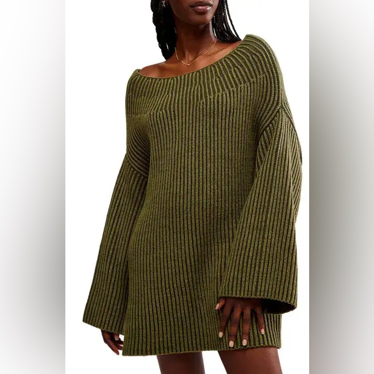 Free People Olive Chive Combo Knit Boat Neck Charlott Tunic Sweater